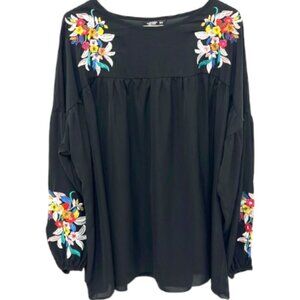 Shein Curve Black Bell Sleeve Bright Embroidered Floral Boho Plus Size Tunic 2XL